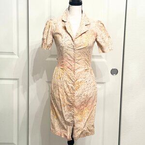 LUX Retro Peach Floral Button-Down Sheath Dress Puff Sleeves (Cotton), XS